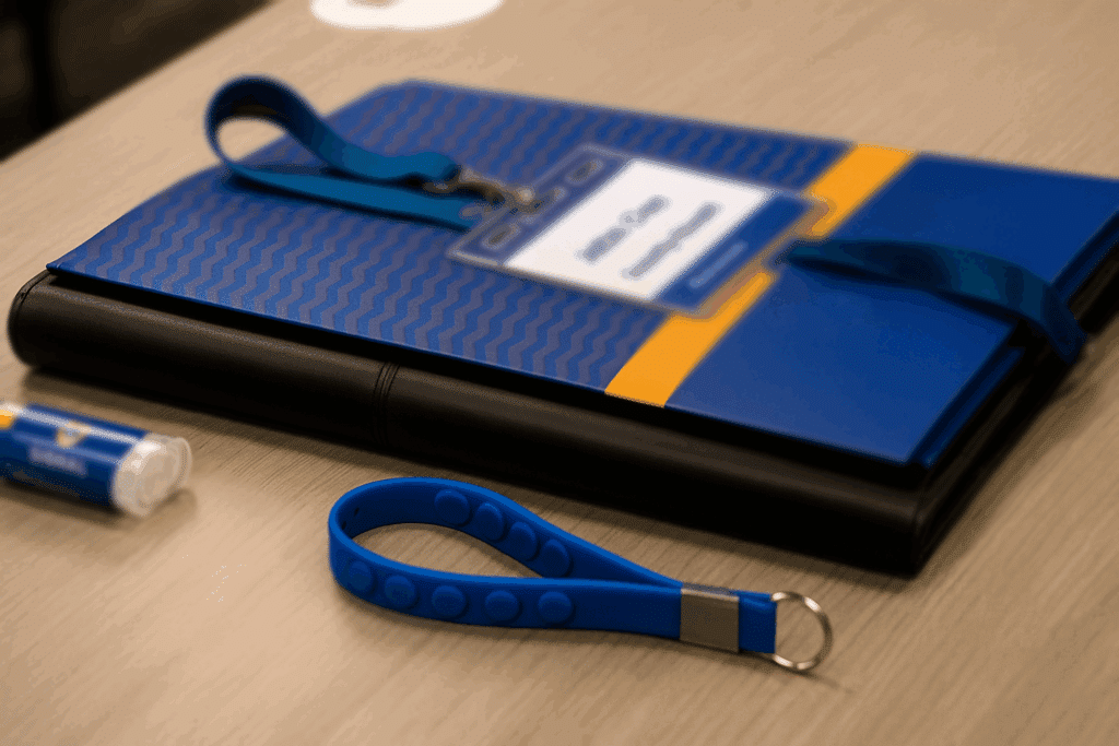 Security training materials including binder, ID badge, and lanyard on desk